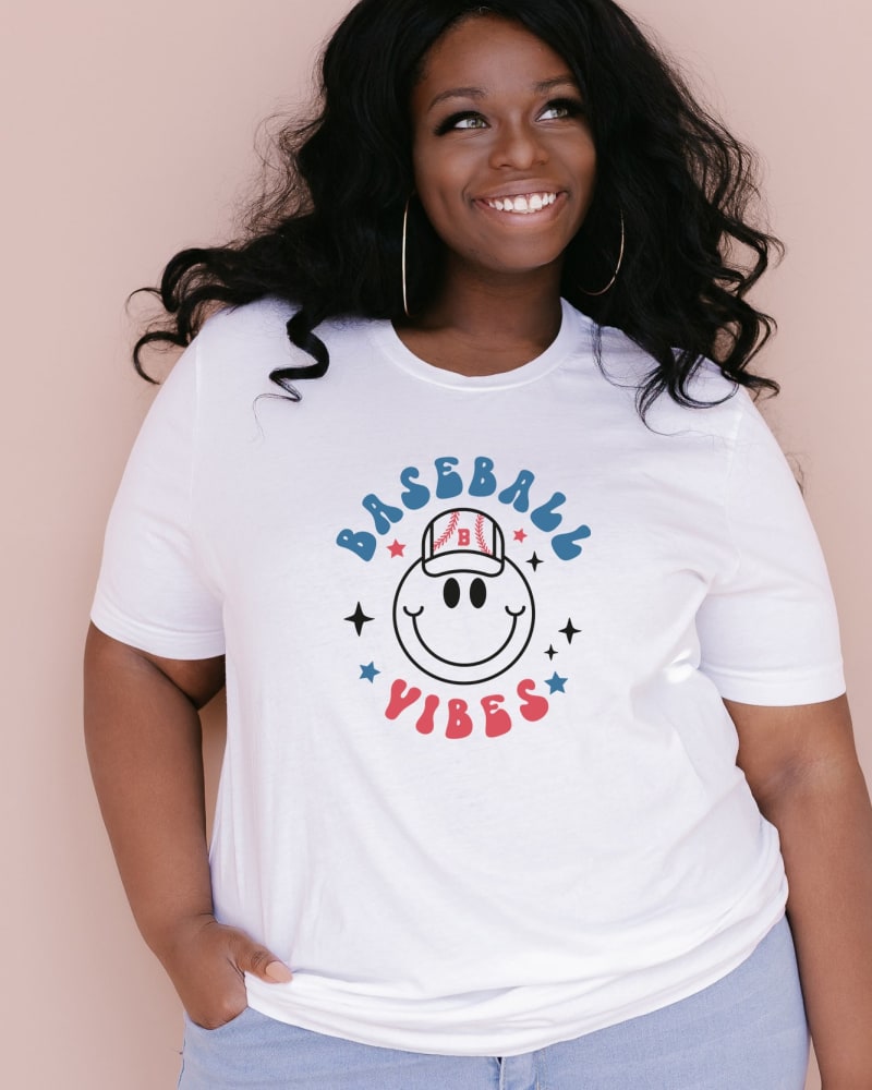 Front of a model wearing a size Large Smiley Face Baseball Vibes in White by Simply Sage Market. | dia_product_style_image_id:281321
